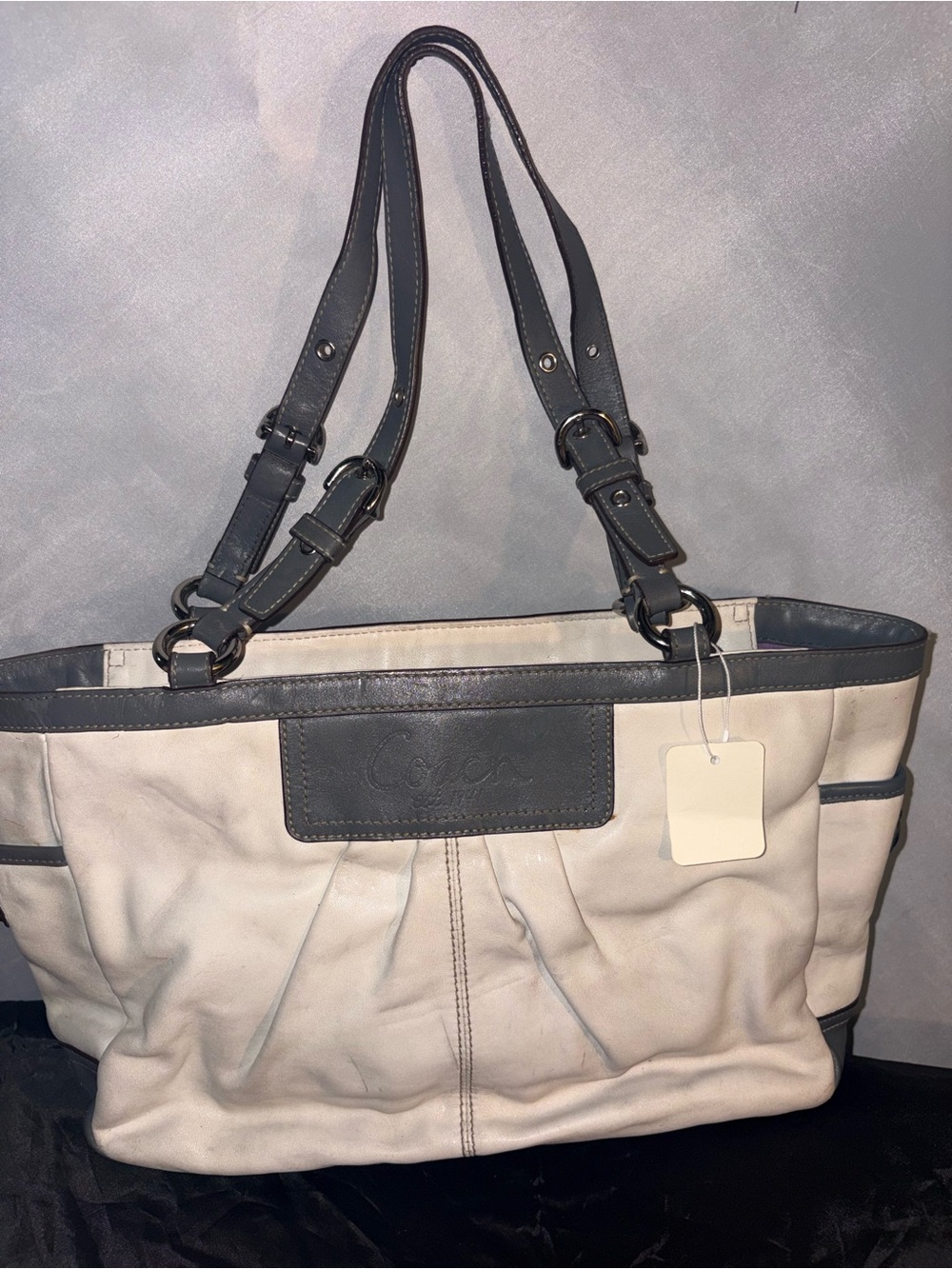 Coach Ivory Canvas Tote with Gray Leather Trim
